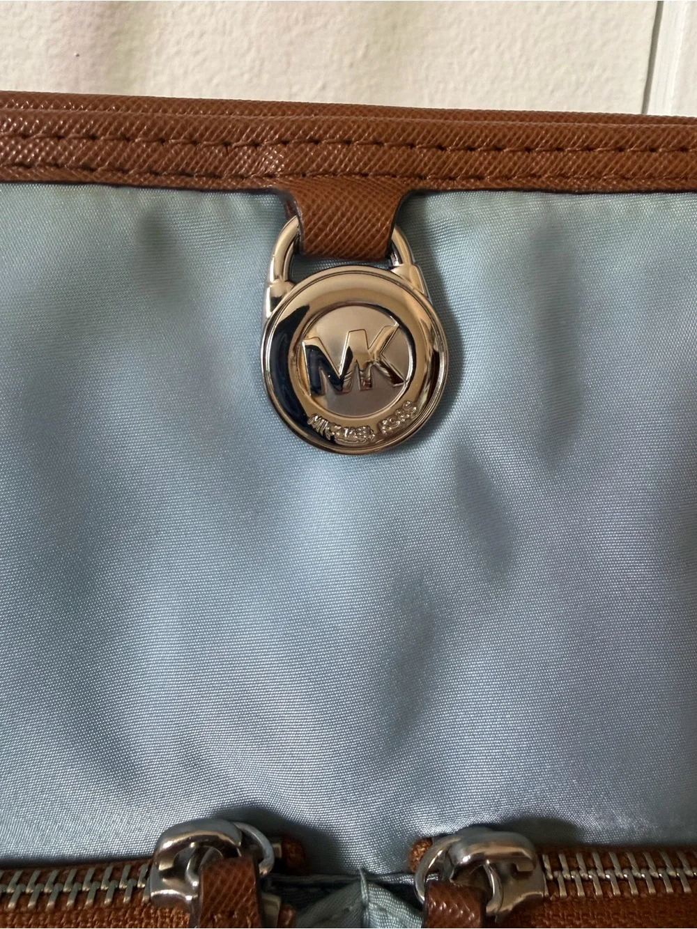 Michael Kors light blue nylon tote with brown leather trim